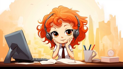 Illustration cartoon of young woman, headphones in place, diligently works at her computer, fully immersed in tasks with unwavering focus and determination, fostering a dedicated.