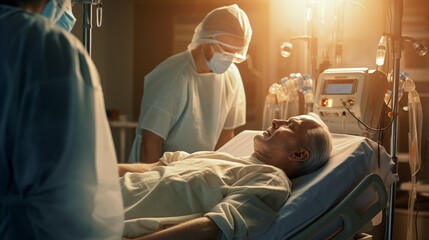 Physician attending to a senior patient in a fully equipped emergency room, surrounded by various medical apparatus, ensuring comprehensive care.