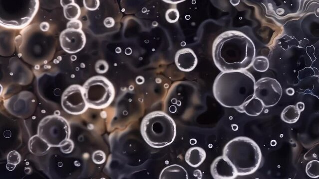 A magnified image of dark colored fungal spores resembling miniature grains of rice tered across a textured surface. . AI generation.