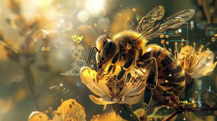 A bee extracting nectar from a flower with mechanical precision - obrazy, fototapety, plakaty