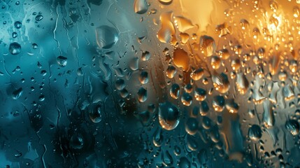 Water droplets on glass reflect the evening lights and ambiance from outside, creating a serene and...