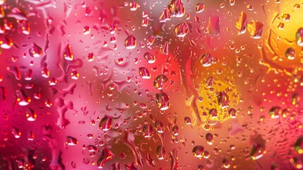 Fresh pink hues from the vibrant outdoors reflect off water droplets on glass, portraying a lively...