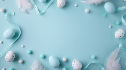 Easter themed composition with decorated eggs, feathers, and ribbons on blue backdrop.