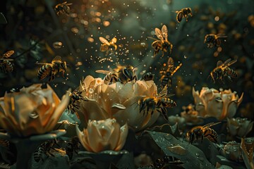 Bees gathering around a queen to protect and warm her - obrazy, fototapety, plakaty