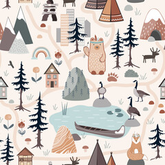Wild nature seamless pattern. Forest, mountains, Indian teepee and canoe, houses and animals. Background for adventure cards, preschool and children room decoration, rugs and wallpapers. Vector