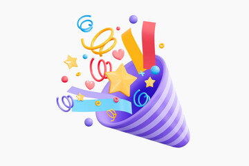 3D Party popper emoji with explosion confetti. Birthday surprise. Firecracker with serpentine. Holiday and event celebration. Cartoon creative design 3d vector icon isolated on white background