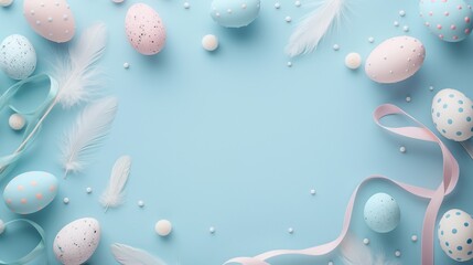 Fototapeta na wymiar Pastel Easter eggs with feathers, beads, and ribbons on blue background.