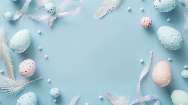 Pastel Easter eggs with feathers and ribbons on a blue background