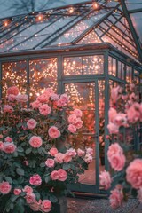Fototapeta na wymiar high angle, exterior of a vibrant neon pink floral stained glass greenhouse with golden details, 