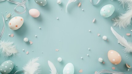 Easter themed flat lay with decorated eggs, feathers, and confetti - obrazy, fototapety, plakaty