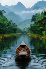 Boat in the river against the backdrop of the landscapes of Vietnam.