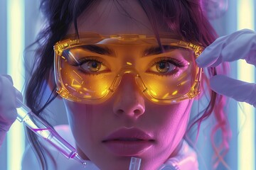 A fictional character wearing electric blue goggles and magenta eyewear is holding a pipette and test tube with care for vision eye protection