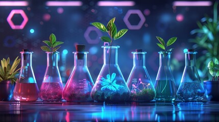 representation showcasing beakers and flasks filled with plants