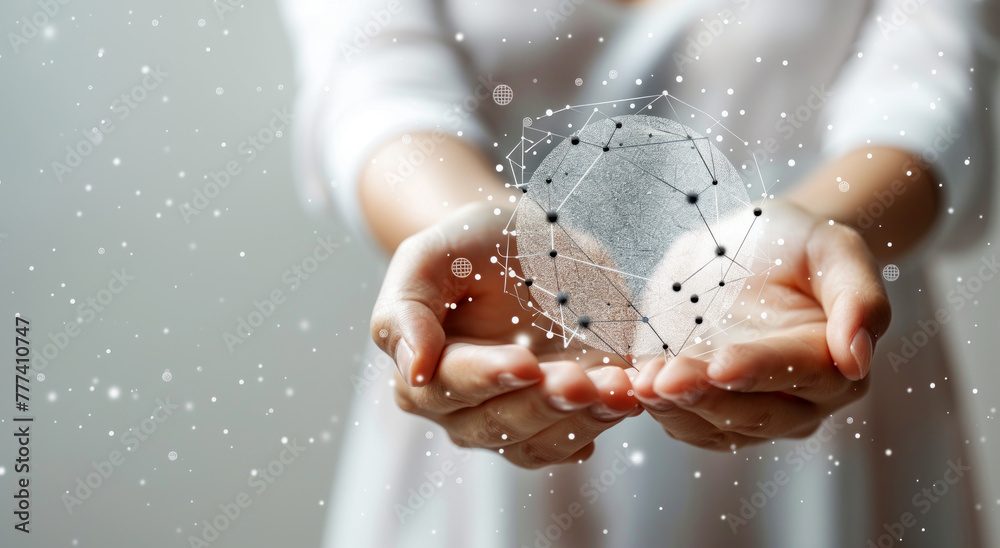 Poster Open hands presenting a digital network sphere, over a gray bokeh background, symbolizing connectivity. Generative AI