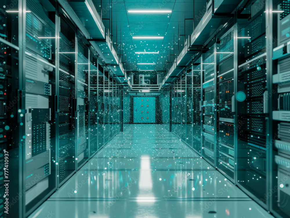 Poster A corridor between rows of server racks in a data center, with floating particles and blue lighting, illustrating a technology concept. Generative AI