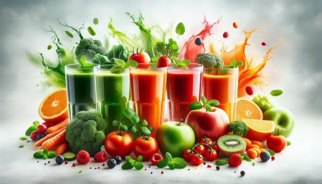 Glasses with green, orange, red juice, straws, drops of condensation among bright vegetables, fruits, berries, splashes of juice. Refreshing, vitamin-rich drinks in the summer heat.