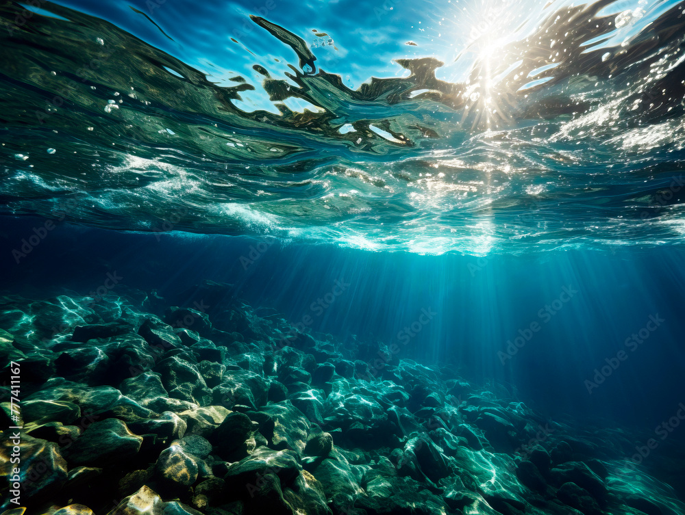 Poster underwater photo showing sunlight penetrating the ocean, illuminating rocks at the sea bottom. gener