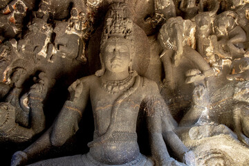 Ellora caves, a UNESCO World Heritage Site in Maharashtra, India. Kailasa temple sculpture : Yaksha...