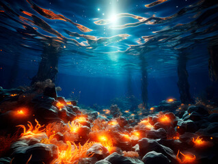 An underwater landscape with glowing elements and rocks, artistic style, serene deep blue...