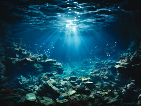 Underwater scenery with rocks, small fish, and sunlight beams, against a deep blue water background, depicting a marine ecosystem. Generative AI