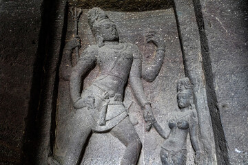 Ellora caves, a UNESCO World Heritage Site in Maharashtra, India.  Kailasa temple sculpture gallery - obrazy, fototapety, plakaty