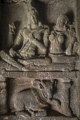 Ellora caves, a UNESCO World Heritage Site in Maharashtra, India. Kailasa temple, Shiva and Parvati, and Nandi bull