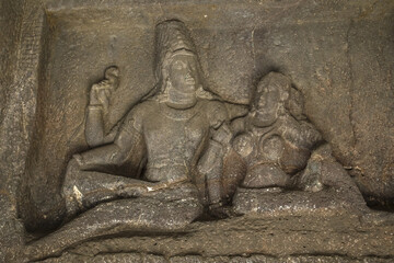 Ellora caves, a UNESCO World Heritage Site in Maharashtra, India. Kailasa temple, Shiva and Parvati