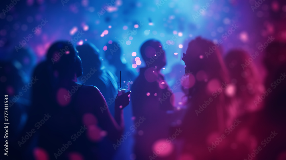 Poster silhouettes of people at a party with vibrant blue and pink lights creating a bokeh effect on a dark