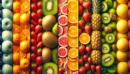 Colorful array of various fruits in vertical stripes on a bright background, depicting the concept...