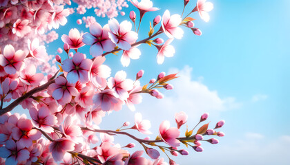 Blossoming pink flowers against a blue sky background, conveying the concept of spring. Generative AI - Powered by Adobe