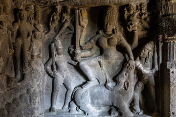 Ellora caves, a UNESCO World Heritage Site in Maharashtra, India. Cave 21 : Mahishasuramardini