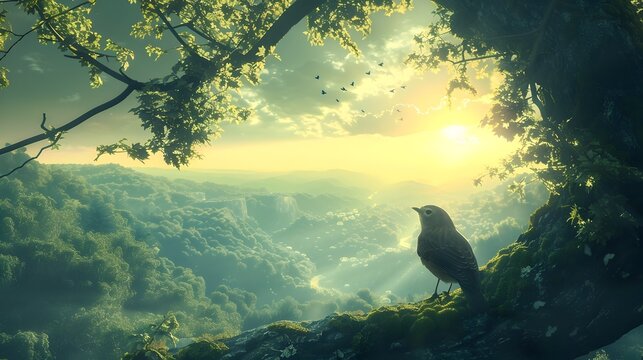 Bird Perched on Tree Branches in a Mystical Landscape, To provide a stunning and detailed image of a bird in its natural habitat, suitable for use in