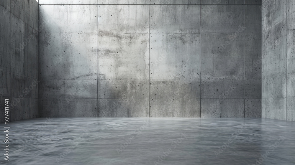 Poster an empty room with concrete walls and a reflective water floor, showcasing a minimalist design again