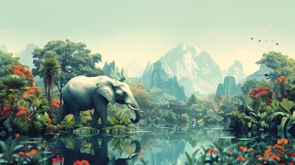 Elephant in Forest and Water Scenery, To provide a striking and unique image of an elephant in various water sceneries for use as a stock photo