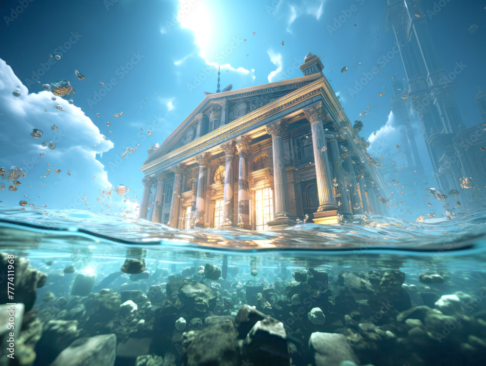 Poster A submerged classical building with floating debris, split view underwater and sky, symbolizing change. Generative AI
