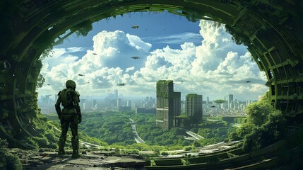 Futuristic Green City in the Style of Environmental Portraiture, To convey a message of sustainable and eco-friendly urban development, blending - obrazy, fototapety, plakaty