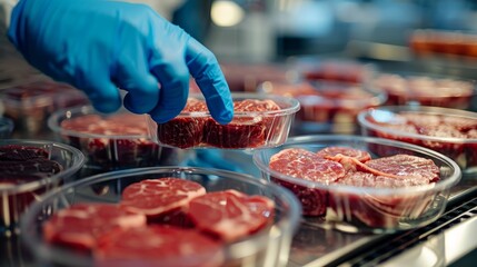 A detailed photograph capturing petri dishes filled with packed meat steaks