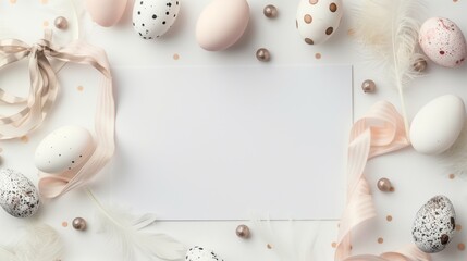 Easter themed flat lay with decorated eggs, feathers, and blank space for text - obrazy, fototapety, plakaty
