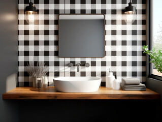 Modern bathroom interior with a checkered background, featuring a sink, mirror, and accessories. Generative AI