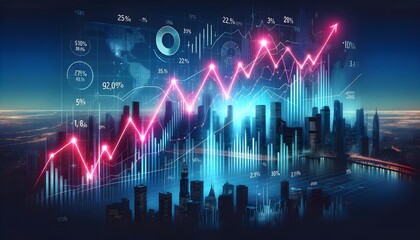 The dynamic growth of economic indicators visualized through glowing graphs and charts superimposed on a twilight city skyline panorama.