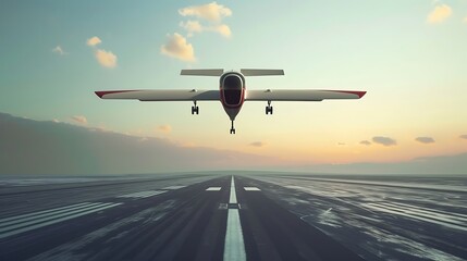 a conceptual image of a hybrid-electric aircraft flying above a runway, emphasizing the future of...
