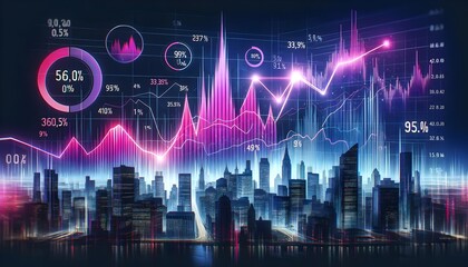 A high-tech financial data visualization superimposed on a modern cityscape at night, reflecting advanced economic analysis and forecasting. - obrazy, fototapety, plakaty