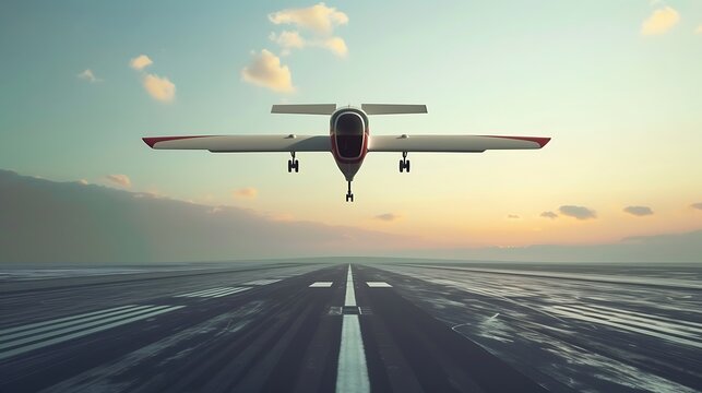 a conceptual image of a hybrid-electric aircraft flying above a runway, emphasizing the future of sustainable aviation attractive look