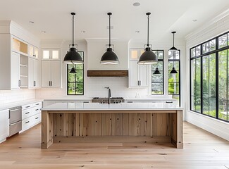 White modern farmhouse kitchen with island, pendant lights and white cabinets in the style of luxury home interior design