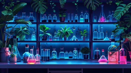 A dynamic vector artwork showcasing organic science laboratory equipment with plants and leaves