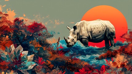 Vibrant Rhino Amidst Floral Surreal Seascape, To provide a unique and eye-catching digital art piece featuring a rhino in a surreal setting for use - obrazy, fototapety, plakaty