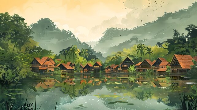 Tropical Jungle Village Watercolor Painting, To provide a visually appealing and calming image of a tropical village that can be used for a variety