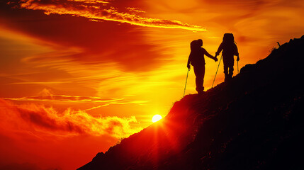 Silhouettes of two hikers trekking at sunset with vibrant orange sky background, embodying adventure and exploration. Generative AI - obrazy, fototapety, plakaty