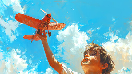 A digital painting of a child playing with a toy airplane, set against a vibrant blue sky background, conveying the concept of imagination. Generative AI