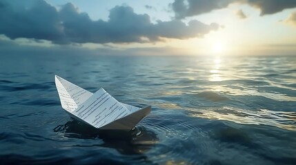 a contract transforming into a paper boat sailing on a serene sea, representing the journey towards freedom despite contractual obligations attractive look - obrazy, fototapety, plakaty